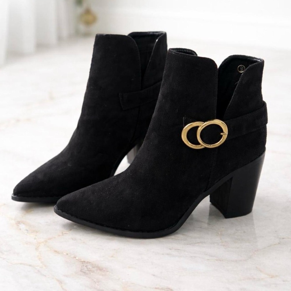 Women’s Black Suede Ankle Booties with Gold Ring Accent